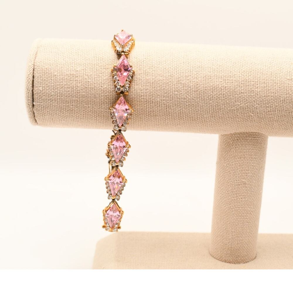 925 Sterling Silver Pink Kite Cut CZ Rhinestone Tennis Bracelet Gold Tone